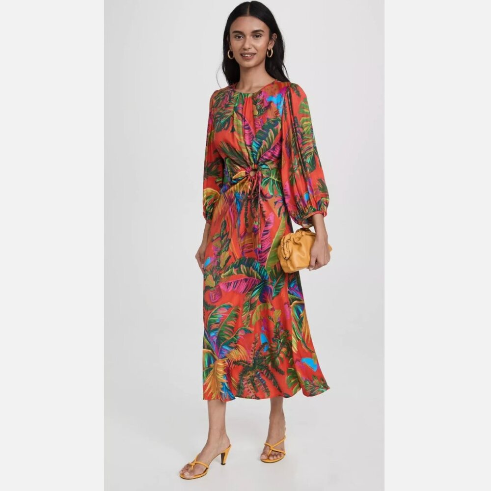 Farm Rio Red Urban Jungle Front Circle Cut Out Midi Dress, Size Large
